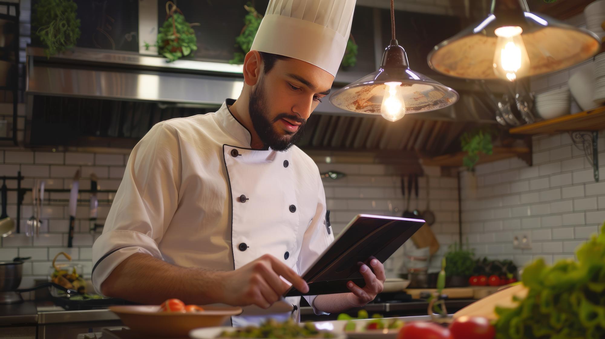 Chef documenting recipe on tablet in sleek kitchen